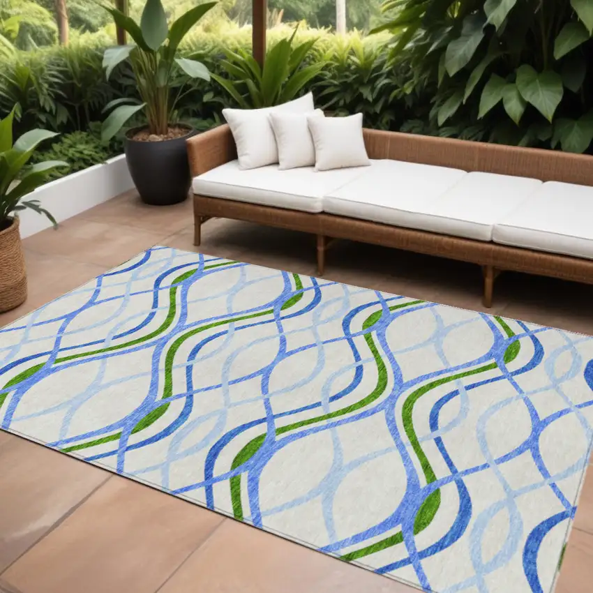 Sky Blue And Beige Abstract Washable Indoor Outdoor Area Rug Photo 1