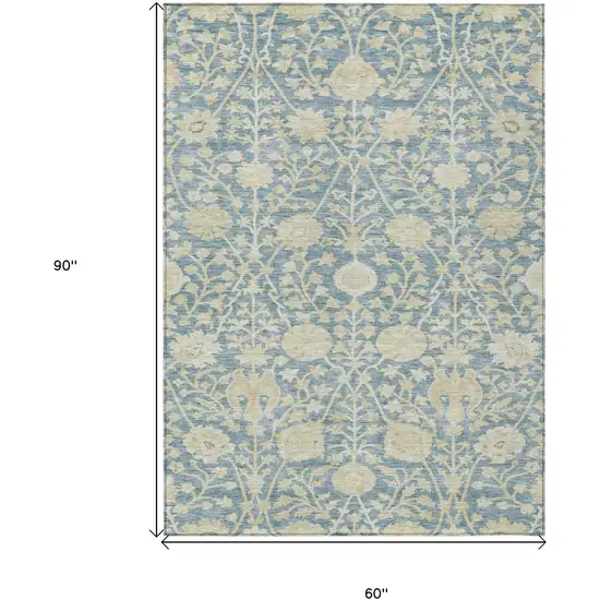 Sky Blue And Beige Floral Washable Indoor Outdoor Area Rug Photo 7