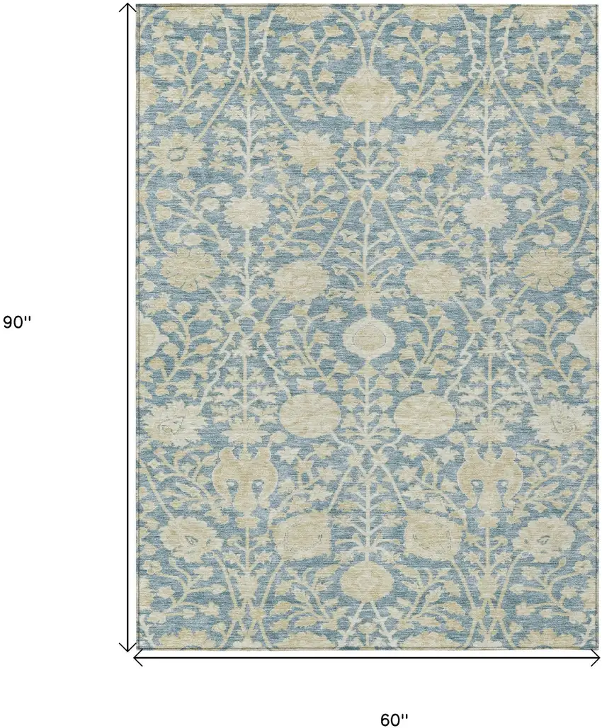 Sky Blue And Beige Floral Washable Indoor Outdoor Area Rug Photo 7