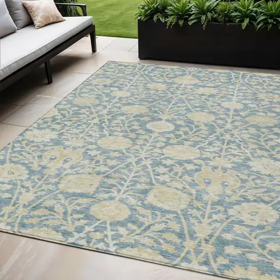 Sky Blue And Beige Floral Washable Indoor Outdoor Area Rug Photo 1