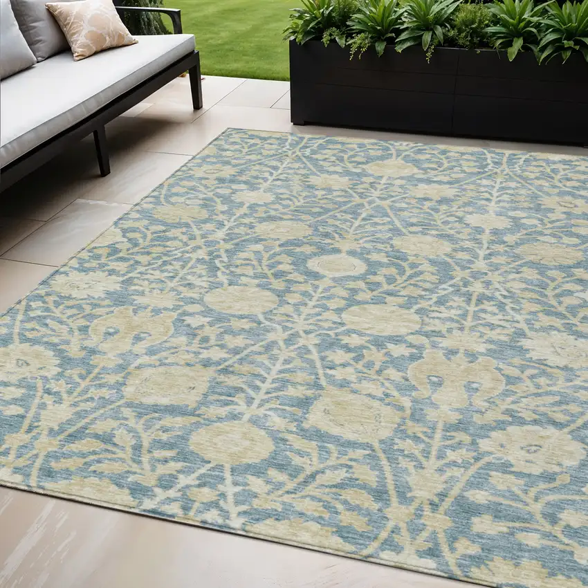 Sky Blue And Beige Floral Washable Indoor Outdoor Area Rug Photo 1