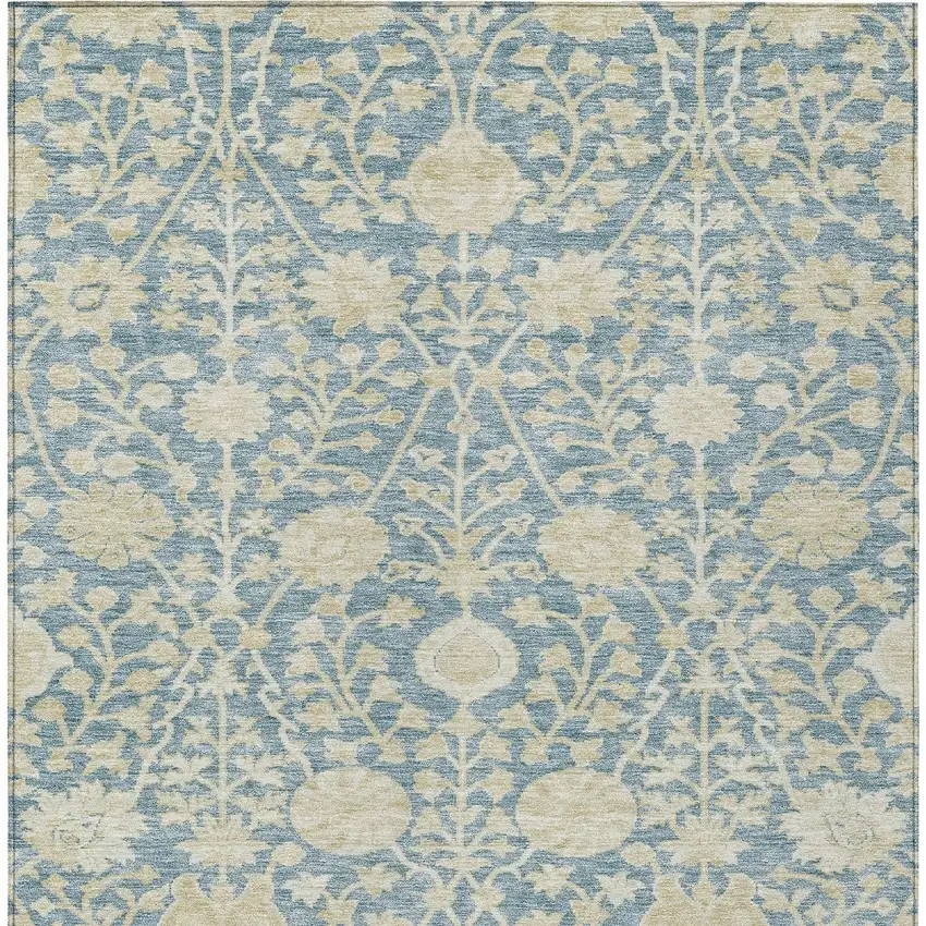 Sky Blue And Beige Floral Washable Indoor Outdoor Area Rug Photo 5
