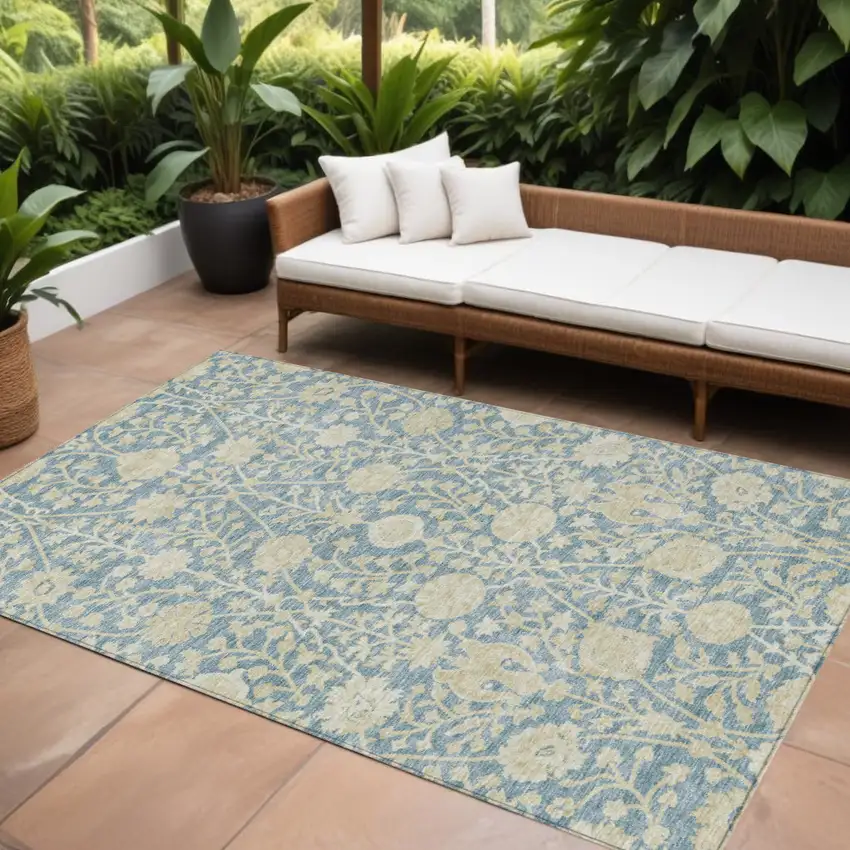 Sky Blue And Beige Floral Washable Indoor Outdoor Area Rug Photo 1