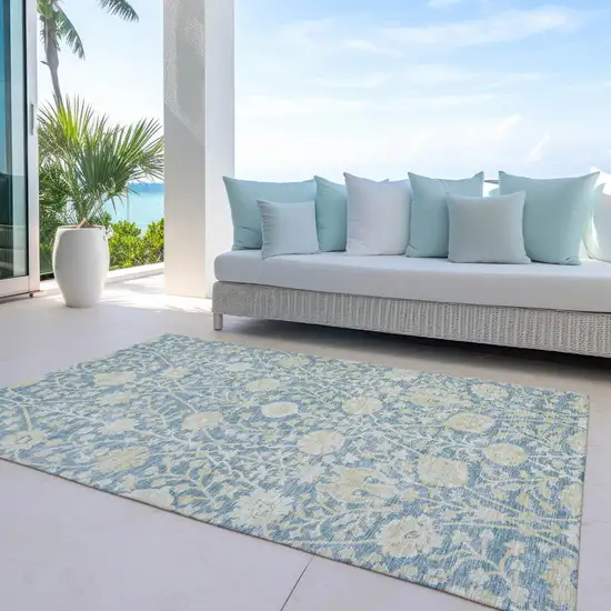 Sky Blue And Beige Floral Washable Indoor Outdoor Area Rug Photo 7