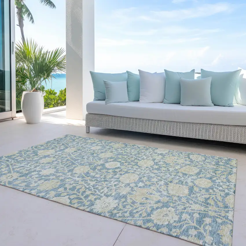 Sky Blue And Beige Floral Washable Indoor Outdoor Area Rug Photo 7