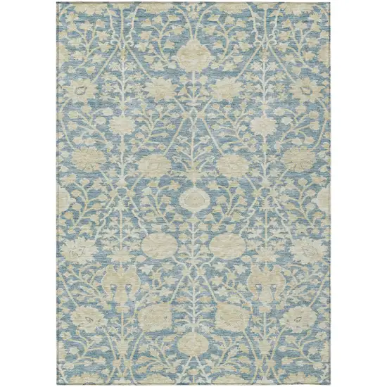 Sky Blue And Beige Floral Washable Indoor Outdoor Area Rug Photo 2