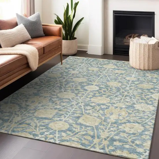 Sky Blue And Beige Floral Washable Indoor Outdoor Area Rug Photo 8