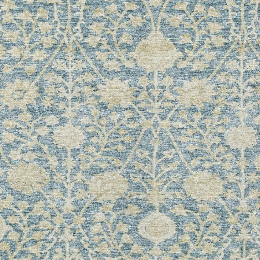 Sky Blue And Beige Floral Washable Indoor Outdoor Area Rug Photo 5