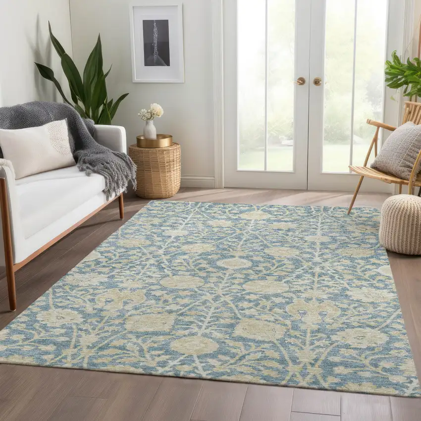 Sky Blue And Beige Floral Washable Indoor Outdoor Area Rug Photo 9