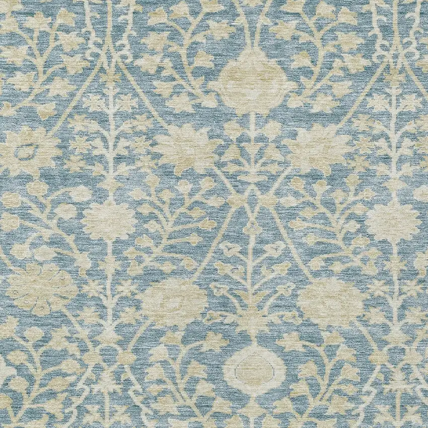 Sky Blue And Beige Floral Washable Indoor Outdoor Area Rug Photo 5