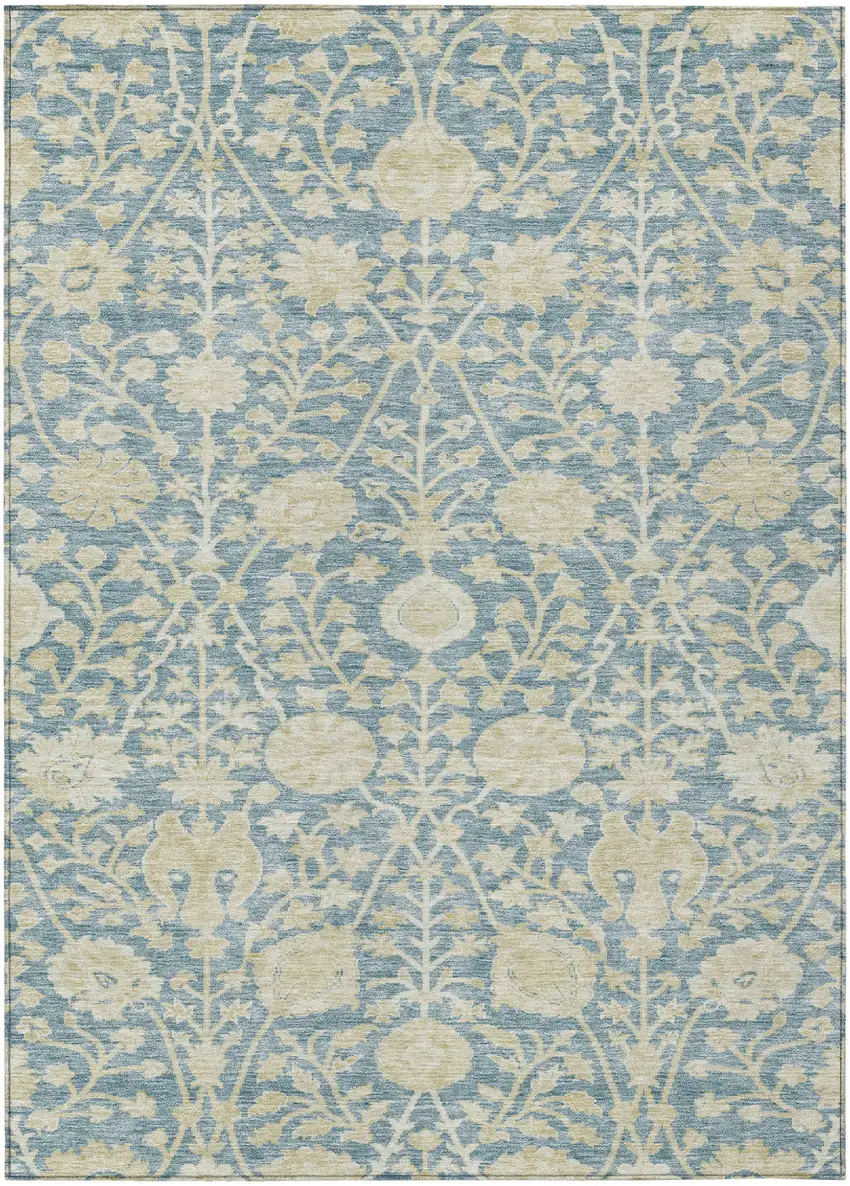 Sky Blue And Beige Floral Washable Indoor Outdoor Area Rug Photo 2