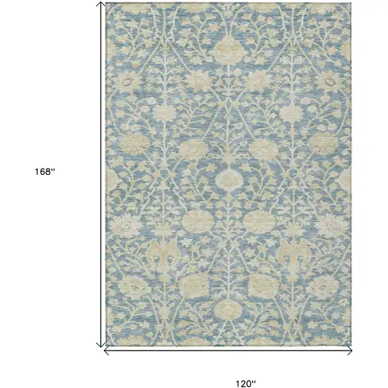 Sky Blue And Beige Floral Washable Indoor Outdoor Area Rug Photo 7