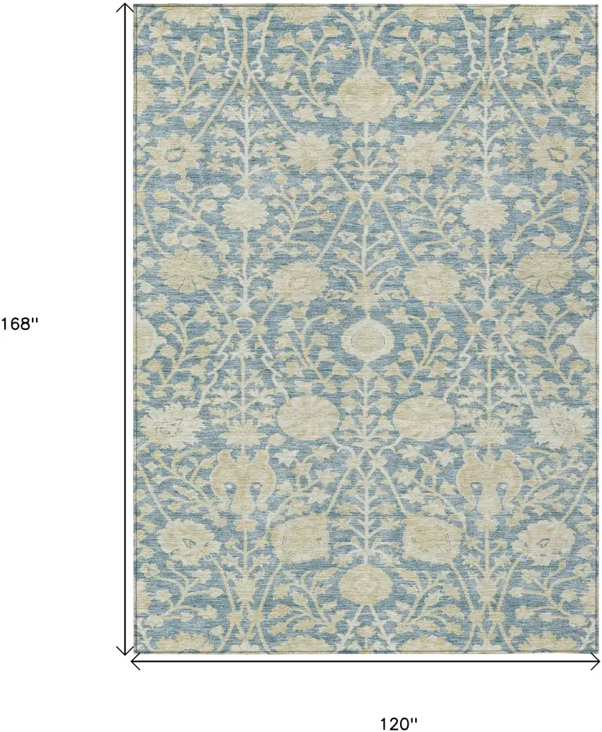 Sky Blue And Beige Floral Washable Indoor Outdoor Area Rug Photo 7