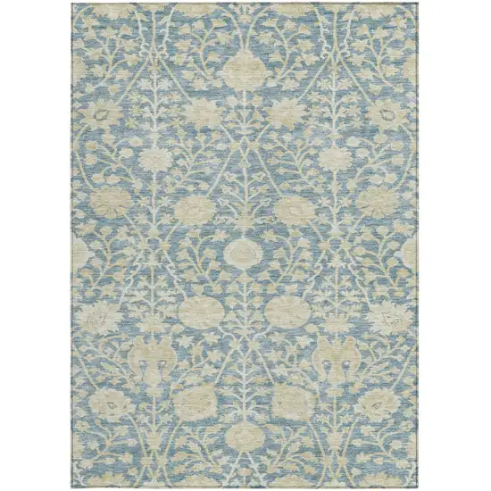 Sky Blue And Beige Floral Washable Indoor Outdoor Area Rug Photo 6