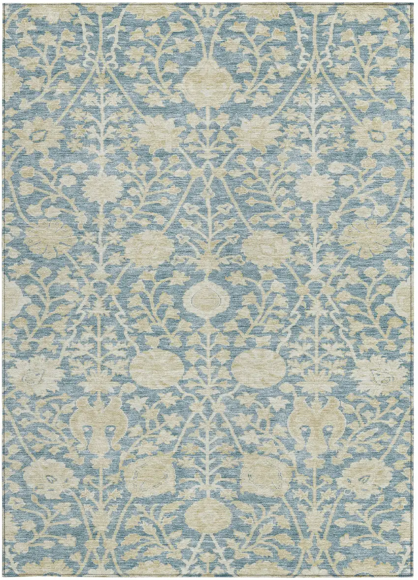Sky Blue And Beige Floral Washable Indoor Outdoor Area Rug Photo 6