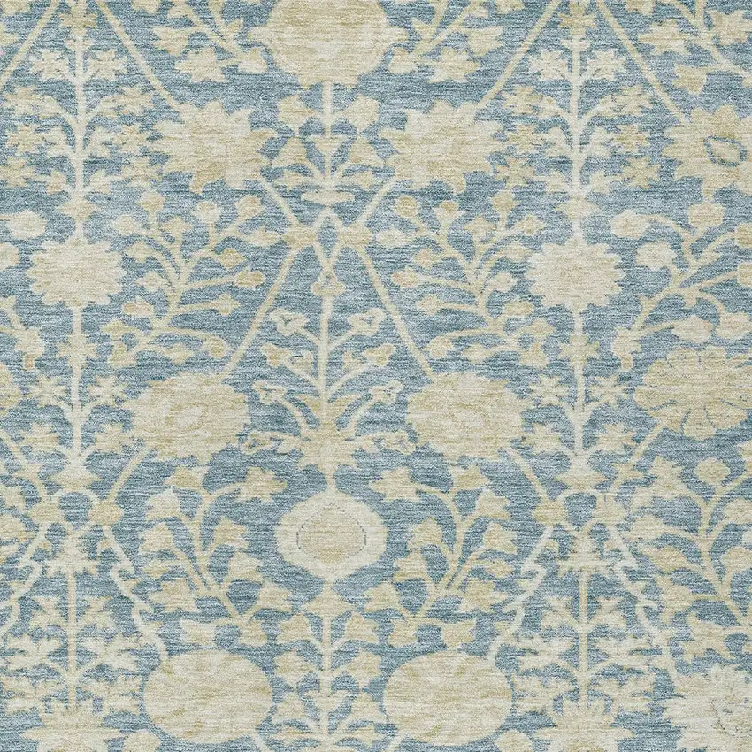 Sky Blue And Beige Floral Washable Indoor Outdoor Area Rug Photo 5