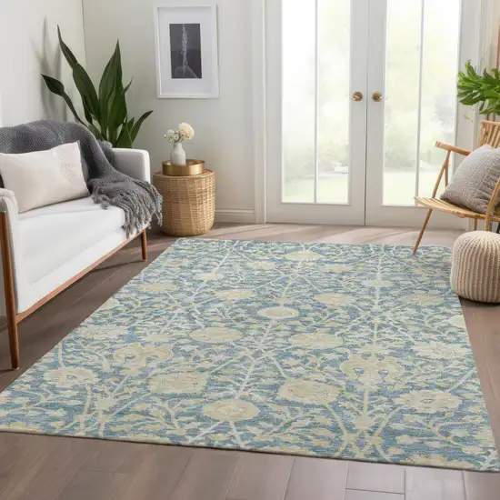 Sky Blue And Beige Floral Washable Indoor Outdoor Area Rug Photo 9