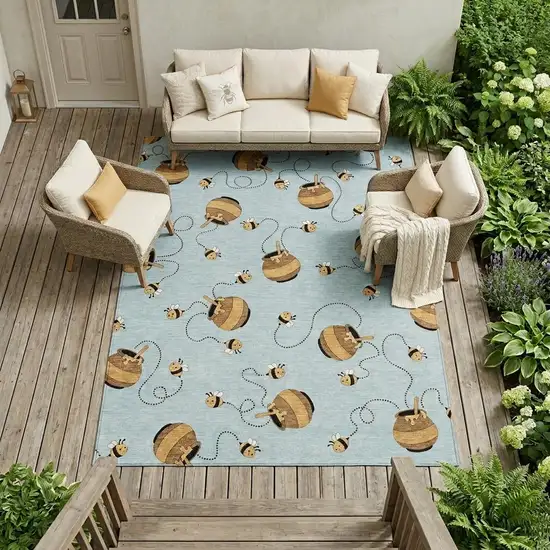 Sky Blue And Beige Geometric Washable Indoor Outdoor Area Rug Photo 1