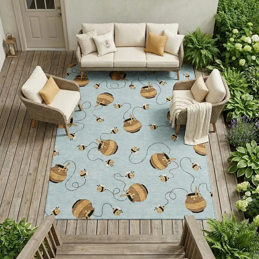 Sky Blue And Beige Geometric Washable Indoor Outdoor Area Rug Photo 1