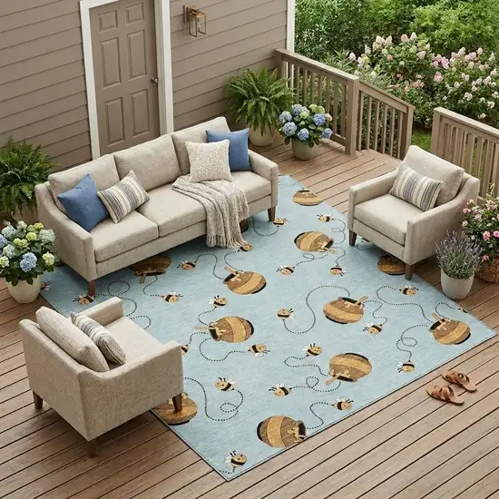 Sky Blue And Beige Geometric Washable Indoor Outdoor Area Rug Photo 1