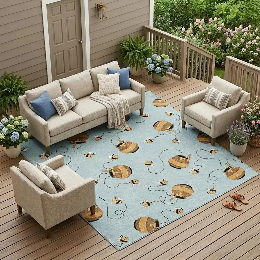 Sky Blue And Beige Geometric Washable Indoor Outdoor Area Rug Photo 1