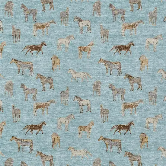 Sky Blue And Beige Horse Washable Indoor Outdoor Area Rug Photo 3