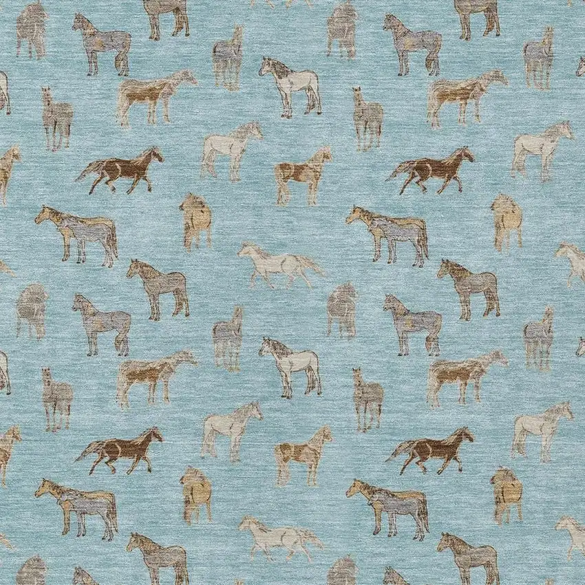 Sky Blue And Beige Horse Washable Indoor Outdoor Area Rug Photo 3
