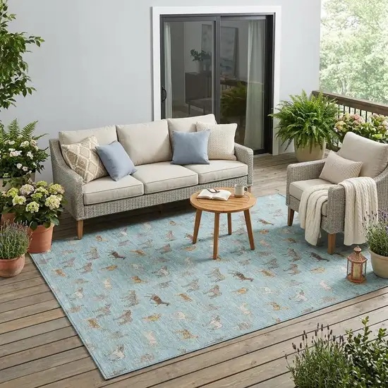 Sky Blue And Beige Horse Washable Indoor Outdoor Area Rug Photo 1