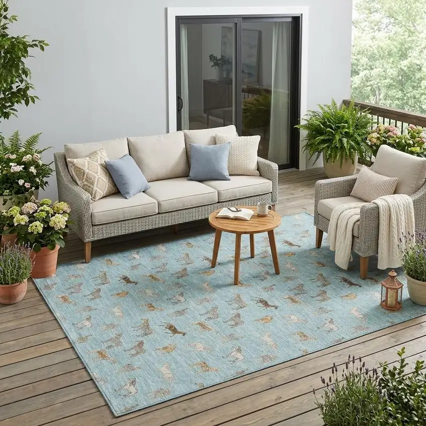 Sky Blue And Beige Horse Washable Indoor Outdoor Area Rug Photo 1