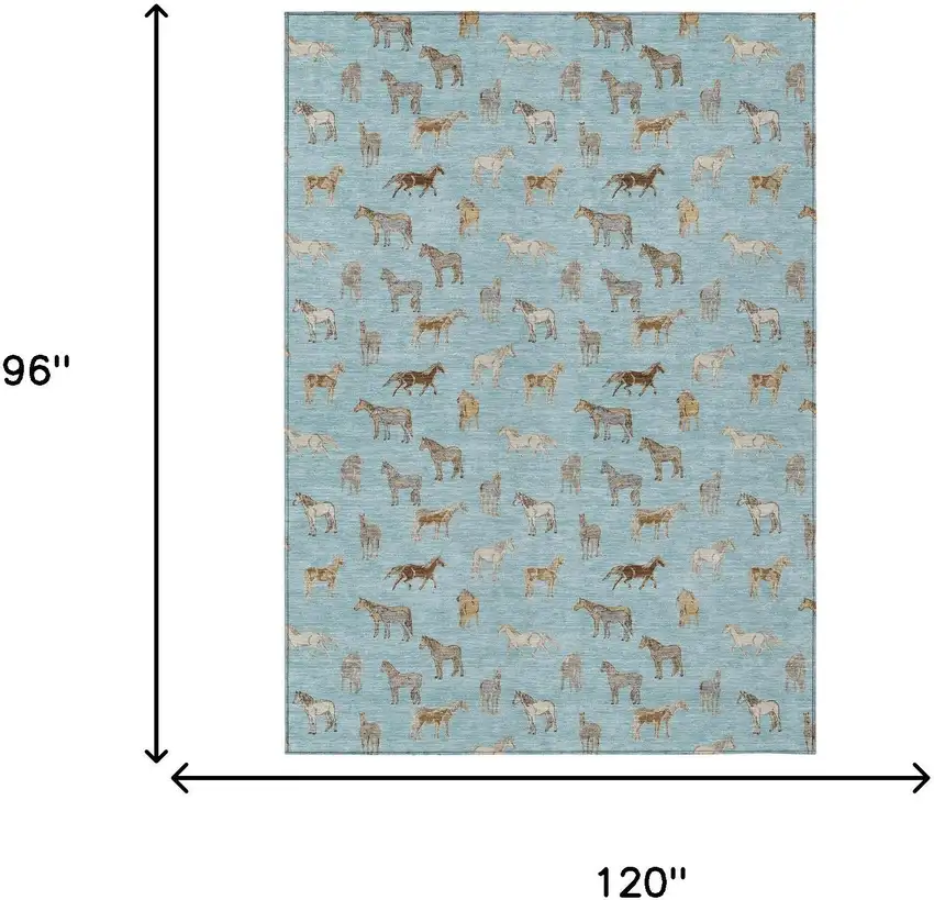 Sky Blue And Beige Horse Washable Indoor Outdoor Area Rug Photo 7