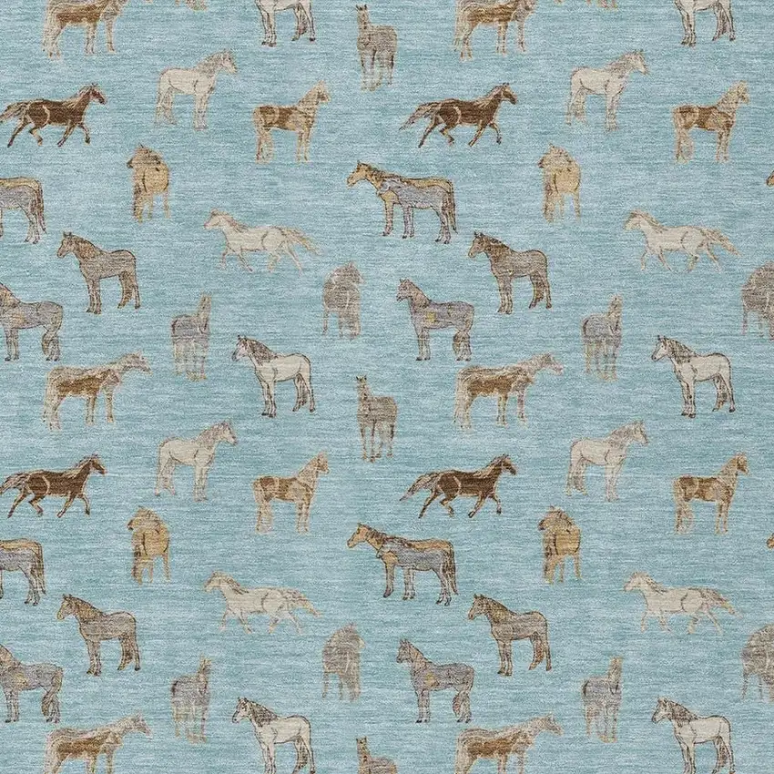 Sky Blue And Beige Horse Washable Indoor Outdoor Area Rug Photo 3