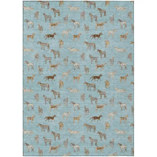 Sky Blue And Beige Horse Washable Indoor Outdoor Area Rug Photo 2