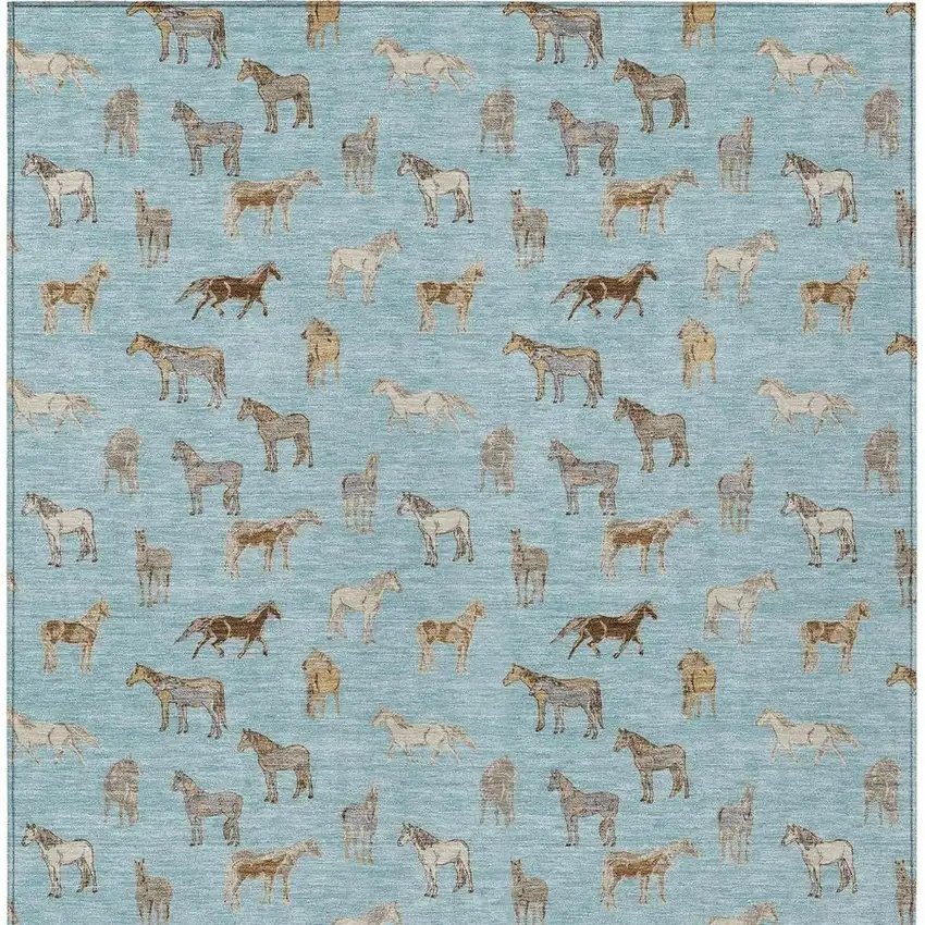 Sky Blue And Beige Horse Washable Indoor Outdoor Area Rug Photo 4