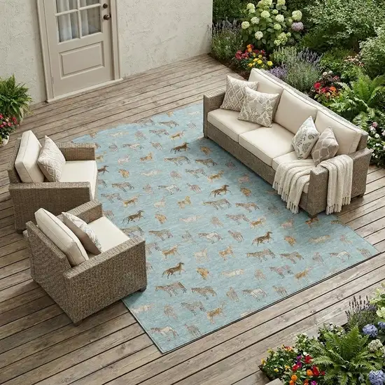 Sky Blue And Beige Horse Washable Indoor Outdoor Area Rug Photo 1