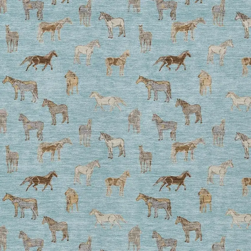 Sky Blue And Beige Horse Washable Indoor Outdoor Area Rug Photo 3