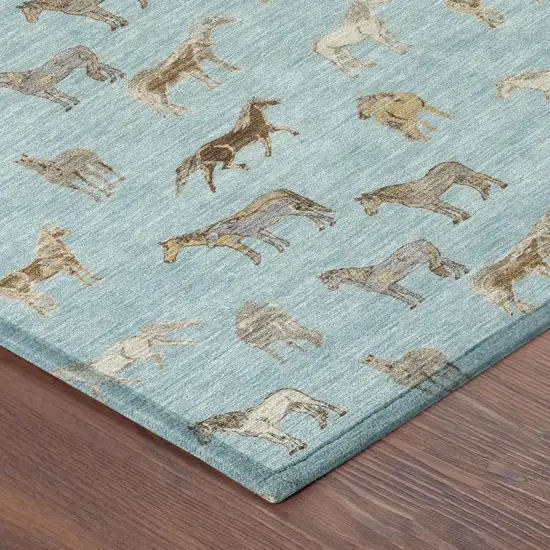 Sky Blue And Beige Horse Washable Indoor Outdoor Area Rug Photo 5