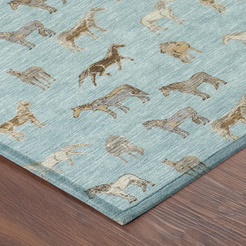 Sky Blue And Beige Horse Washable Indoor Outdoor Area Rug Photo 5