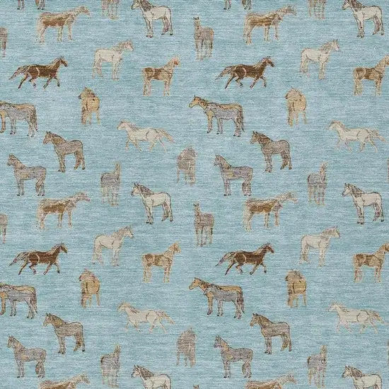 Sky Blue And Beige Horse Washable Indoor Outdoor Area Rug Photo 3