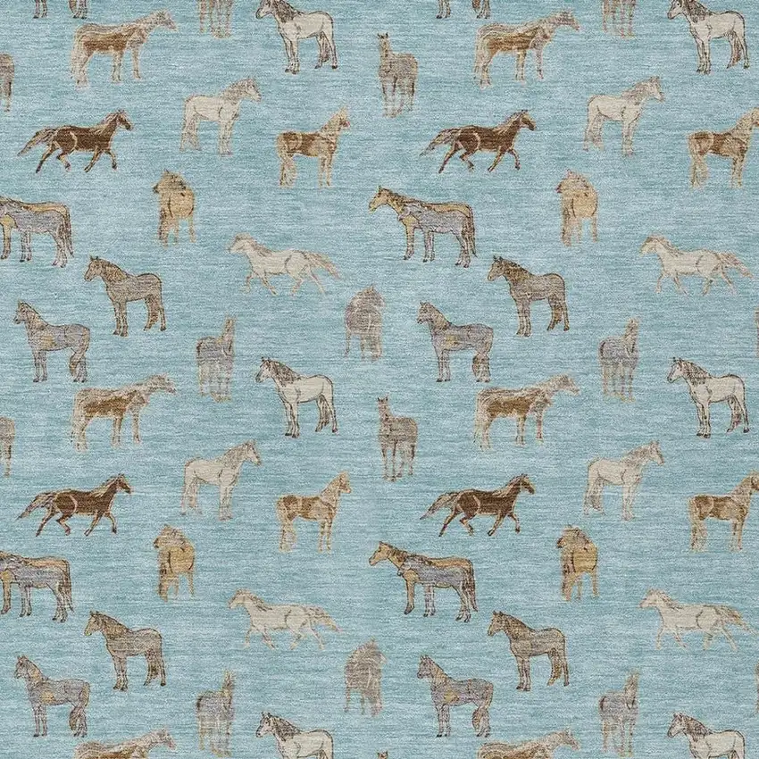 Sky Blue And Beige Horse Washable Indoor Outdoor Area Rug Photo 3