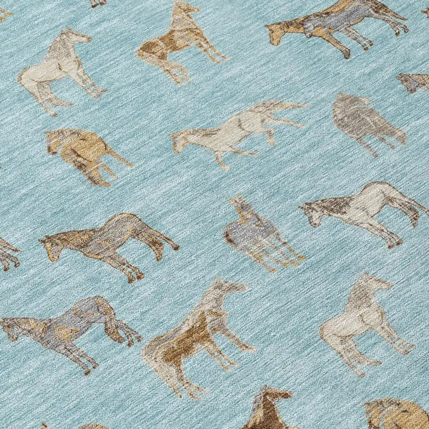 Sky Blue And Beige Horse Washable Indoor Outdoor Area Rug Photo 6