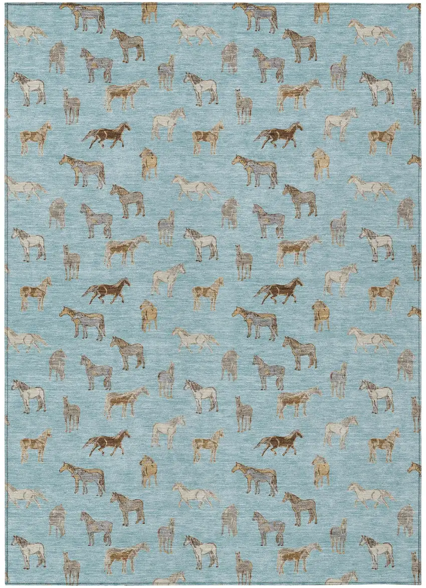 Sky Blue And Beige Horse Washable Indoor Outdoor Area Rug Photo 2