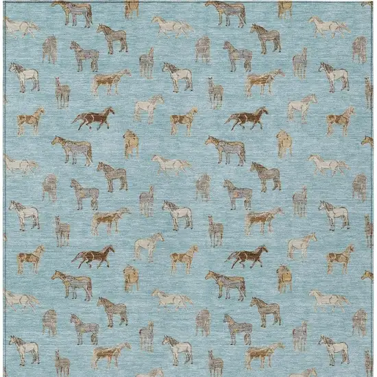Sky Blue And Beige Horse Washable Indoor Outdoor Area Rug Photo 4