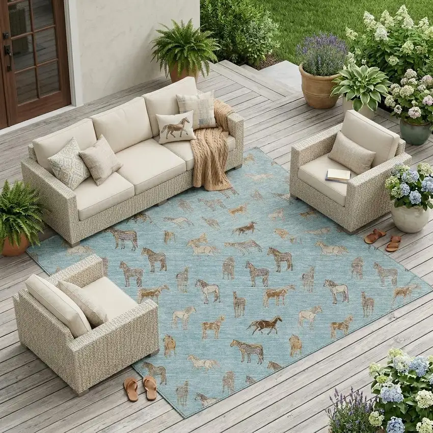 Sky Blue And Beige Horse Washable Indoor Outdoor Area Rug Photo 1