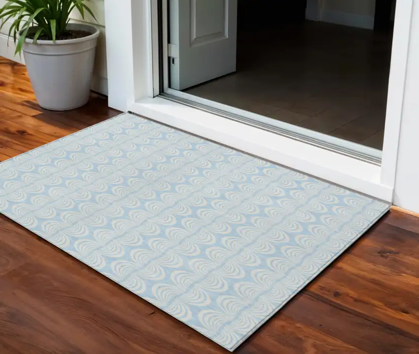 Sky Blue And Beige Ogee Washable Indoor Outdoor Area Rug Photo 1