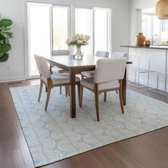 Sky Blue And Beige Ogee Washable Indoor Outdoor Area Rug Photo 8