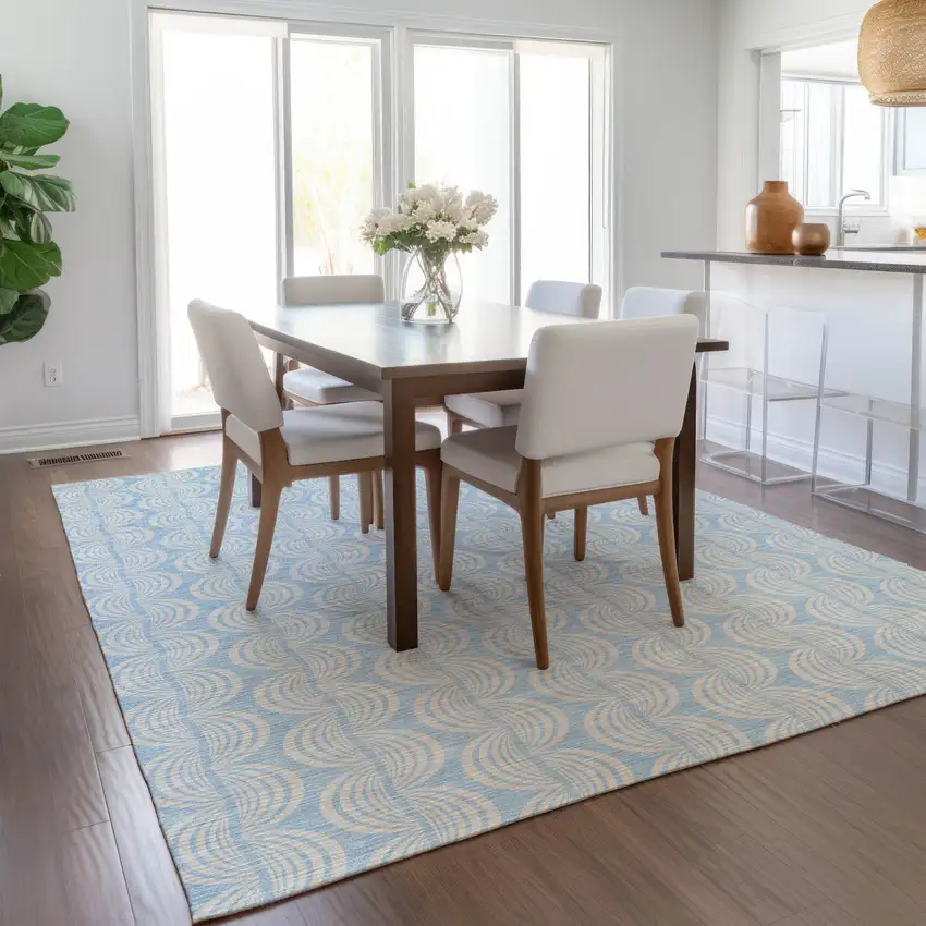 Sky Blue And Beige Ogee Washable Indoor Outdoor Area Rug Photo 8