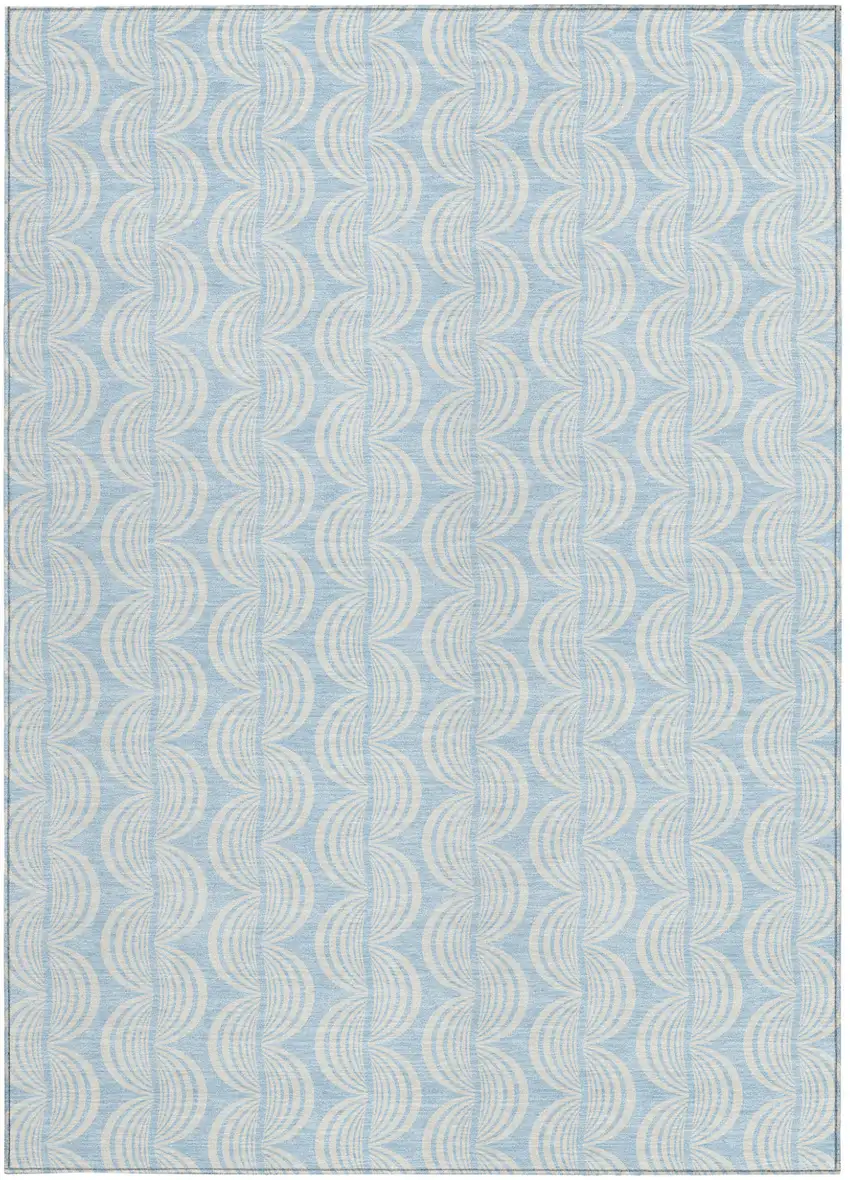 Sky Blue And Beige Ogee Washable Indoor Outdoor Area Rug Photo 5