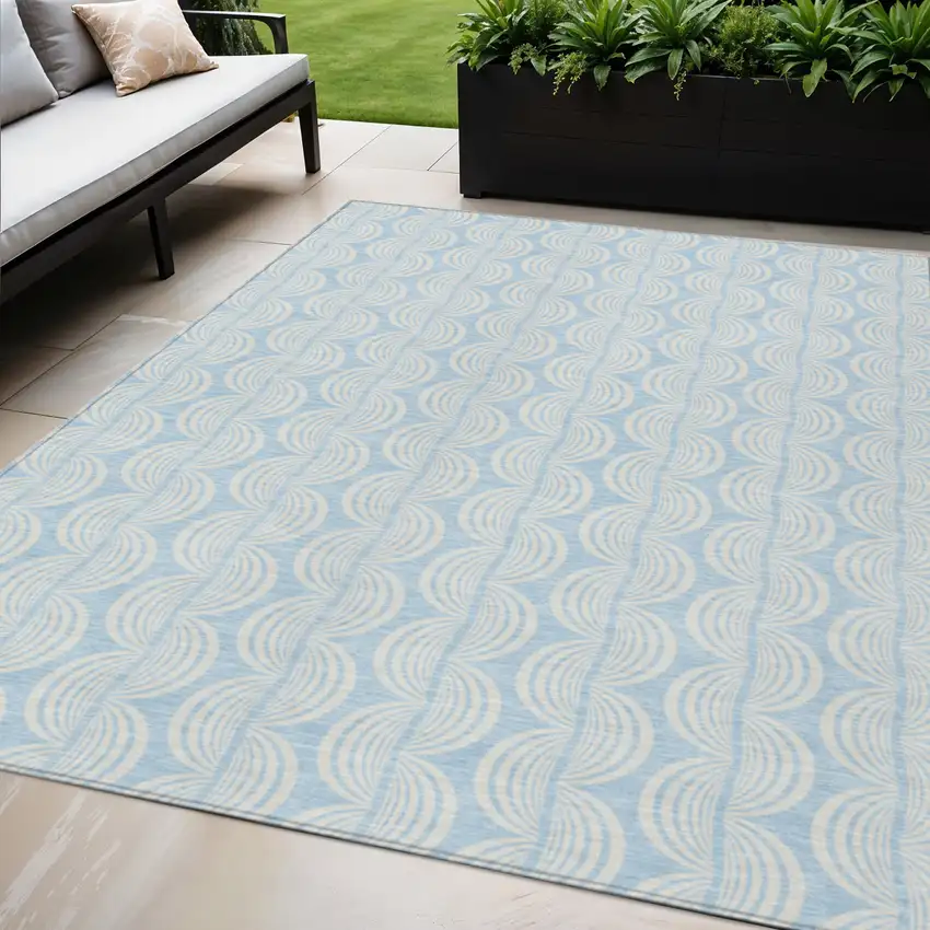 Sky Blue And Beige Ogee Washable Indoor Outdoor Area Rug Photo 1