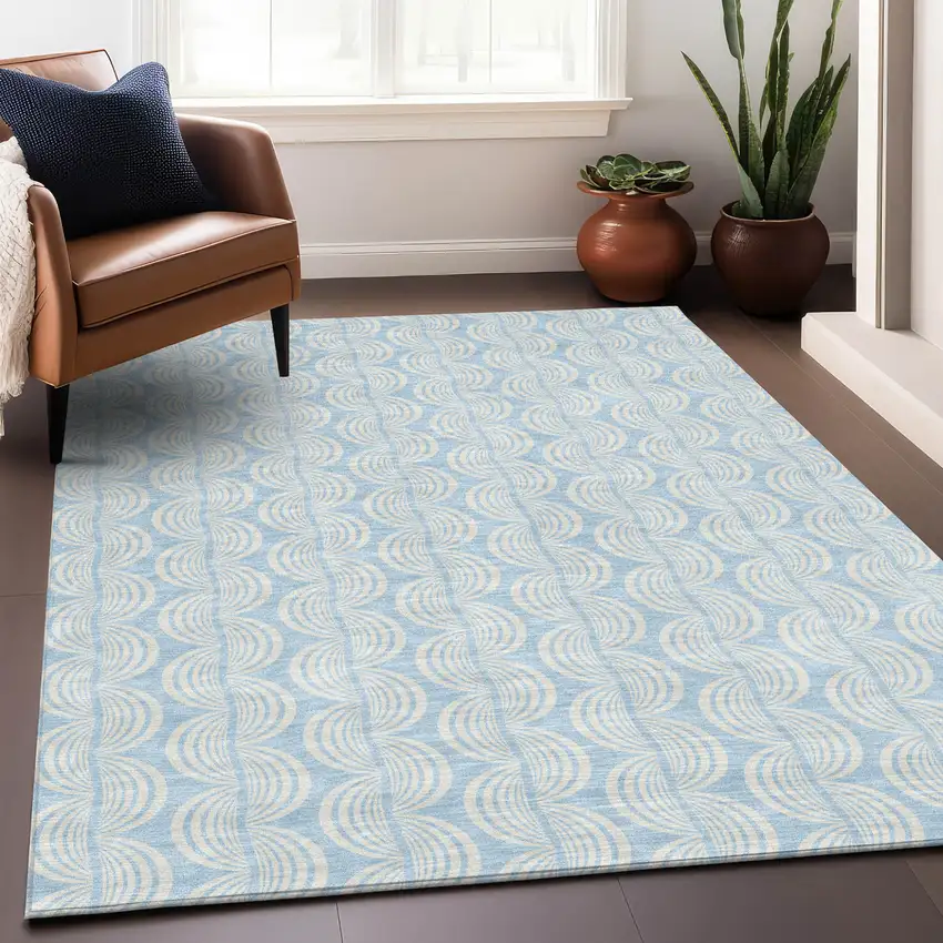 Sky Blue And Beige Ogee Washable Indoor Outdoor Area Rug Photo 8