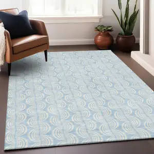 Photo of Sky Blue And Beige Ogee Washable Indoor Outdoor Area Rug
